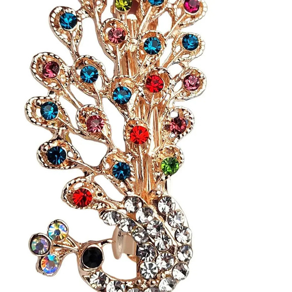 Peacock Colorful Rhinestone Rose Gold Tone Womens Girls Hair Clip - Picture 9 of 10